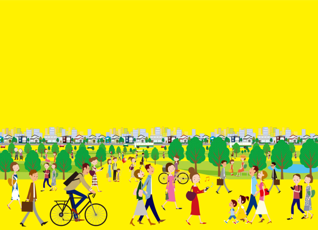 いろいろなカバンを持って歩いている人たちを描いた、街中の風景のイラスト