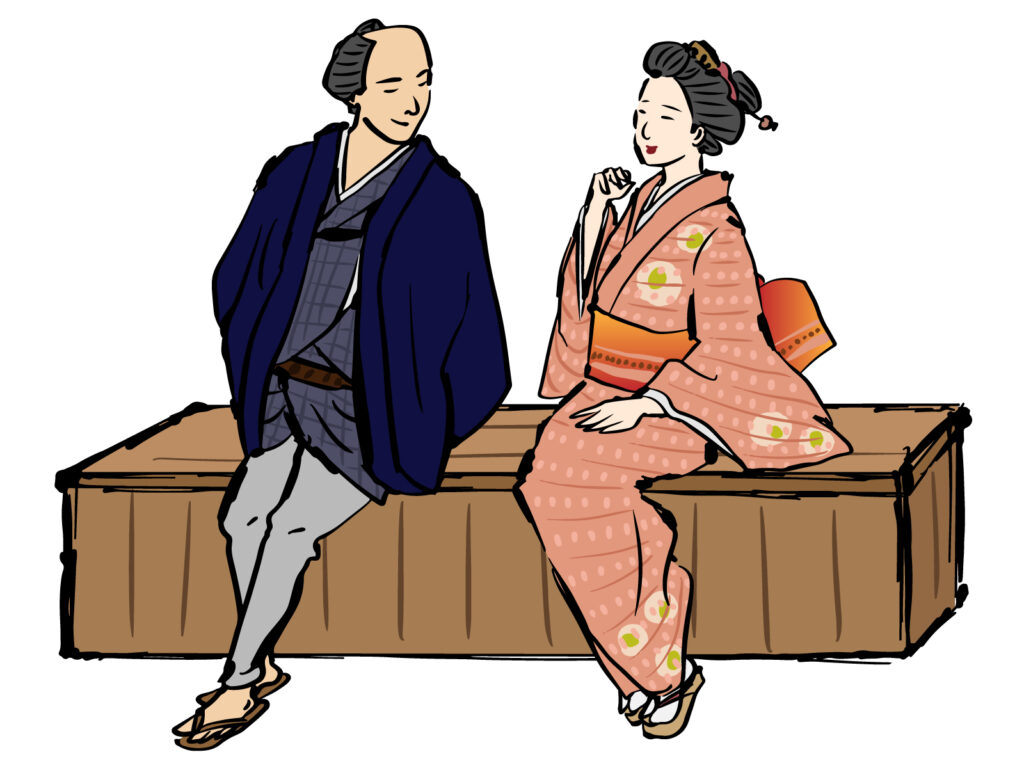 蔦屋重三郎と女性が一緒にいることをイメージさせるイラスト